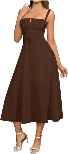 Ruziyoog Women Casual Sleeveless Dress Low Cut Spaghetti Straps Square Neck Y2k Dress Lace Up Flowy Swing Bustier Sundress