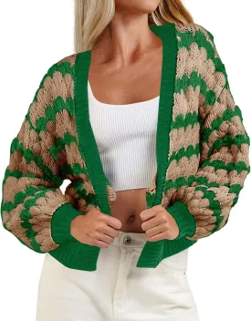 Saodimallsu Womens Cropped Cardigan Striped Open Front Long Lantern Sleeve Color Block Loose Chunky Knit Sweater Coat