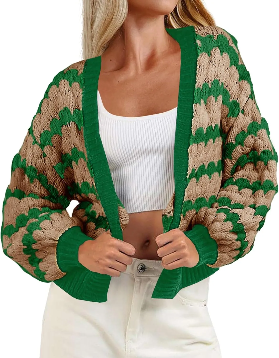 Saodimallsu Womens Cropped Cardigan Striped Open Front Long Lantern Sleeve Color Block Loose Chunky Knit Sweater Coat