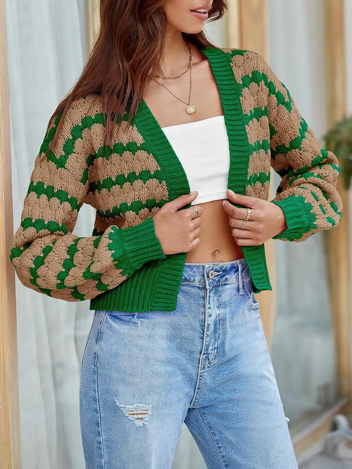 Saodimallsu Womens Cropped Cardigan Striped Open Front Long Lantern Sleeve Color Block Loose Chunky Knit Sweater Coat