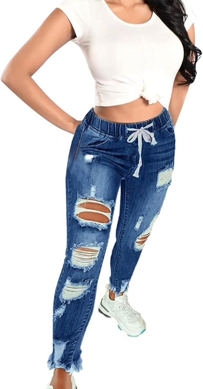 Stretchy Jeans for Women Drawstring High Waisted Ripped Boyfriend Jeans Petite Pull On Denim Ankle Pants with Pockets