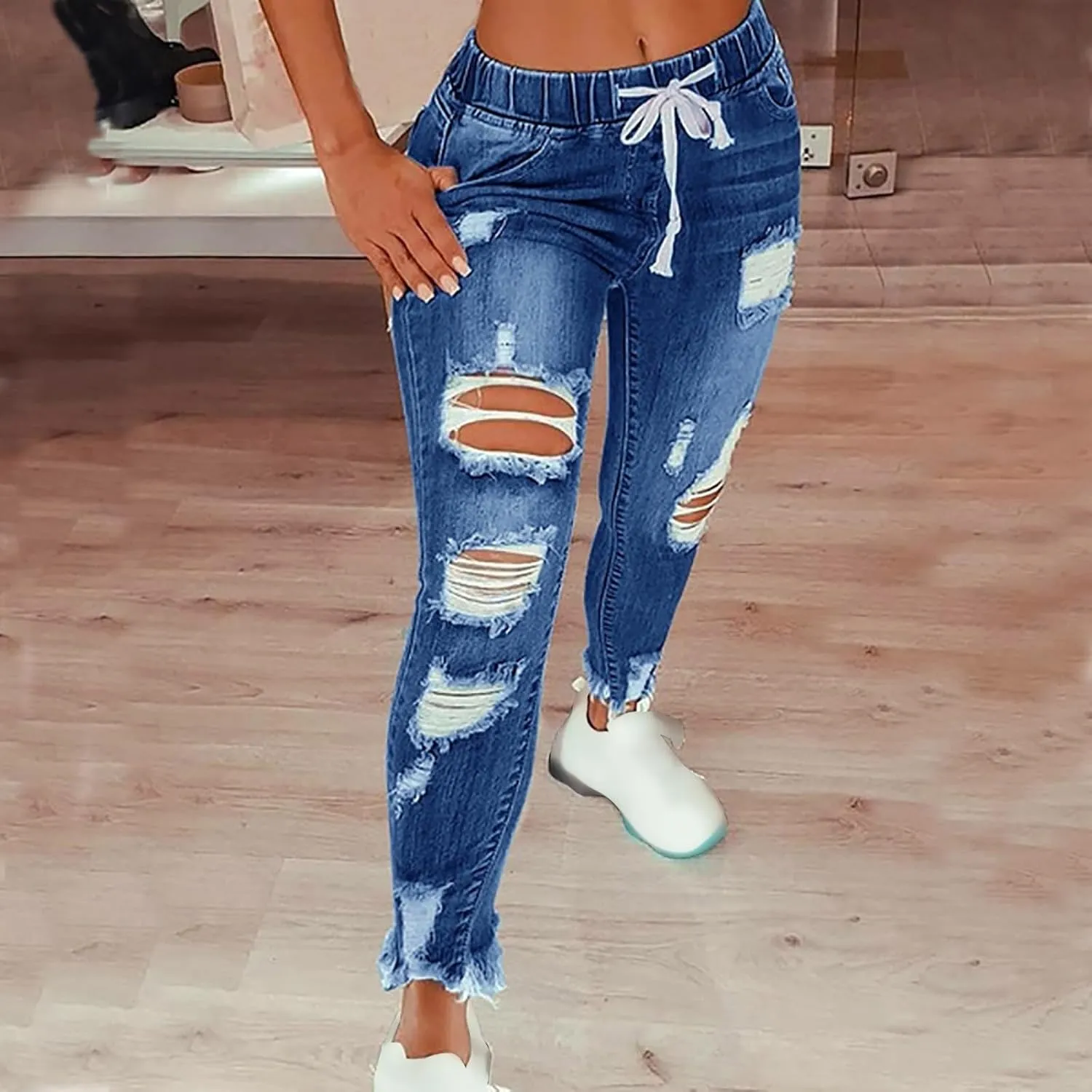 Stretchy Jeans for Women Drawstring High Waisted Ripped Boyfriend Jeans Petite Pull On Denim Ankle Pants with Pockets