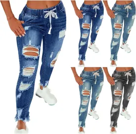 Stretchy Jeans for Women Drawstring High Waisted Ripped Boyfriend Jeans Petite Pull On Denim Ankle Pants with Pockets