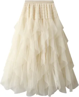 Tulle Tutu Skirts for Women Summer Fashion Elastic High Waist Tiered Ruffle Hem Midi Skirt Elegant Puffy Fairy Skirt