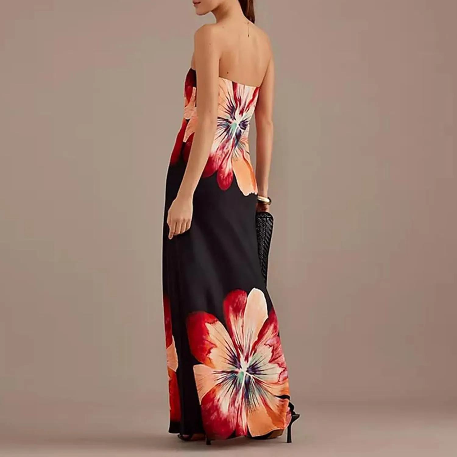 Women Floral Strapless Maxi Dress Elegant Sleeveless Tube Long Wedding Guest Dress Y2k Party Cocktail Long Dress