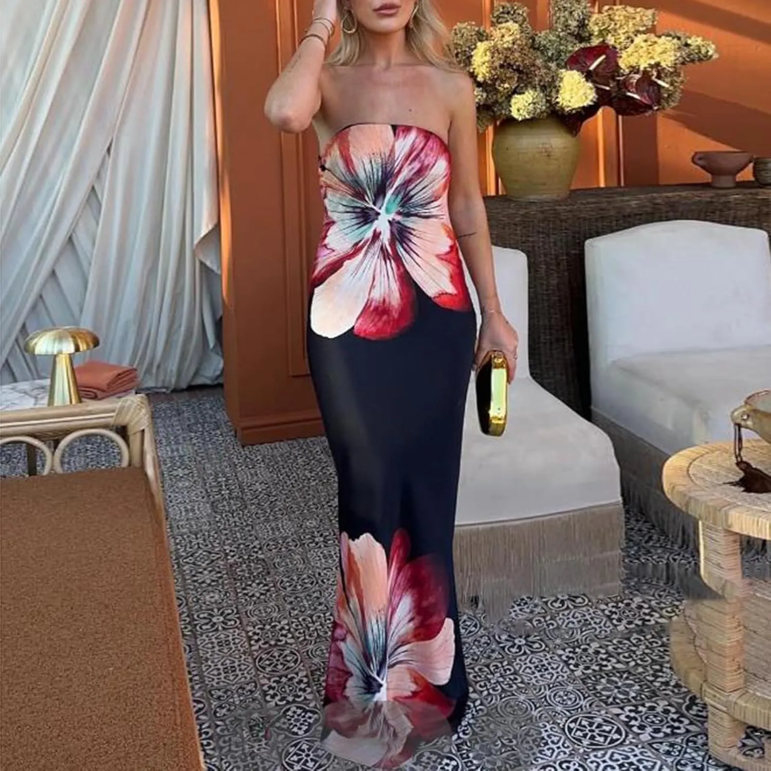 Women Floral Strapless Maxi Dress Elegant Sleeveless Tube Long Wedding Guest Dress Y2k Party Cocktail Long Dress