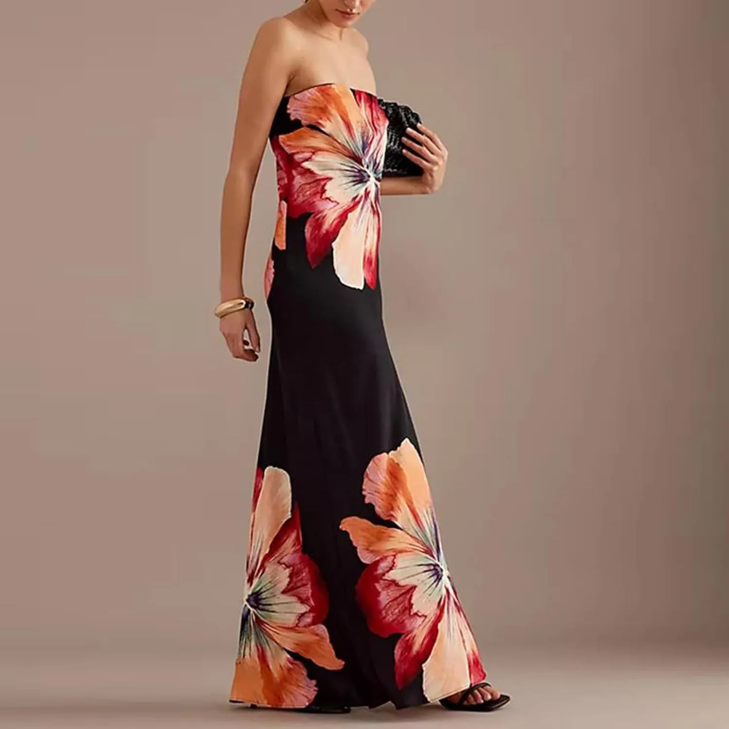 Women Floral Strapless Maxi Dress Elegant Sleeveless Tube Long Wedding Guest Dress Y2k Party Cocktail Long Dress