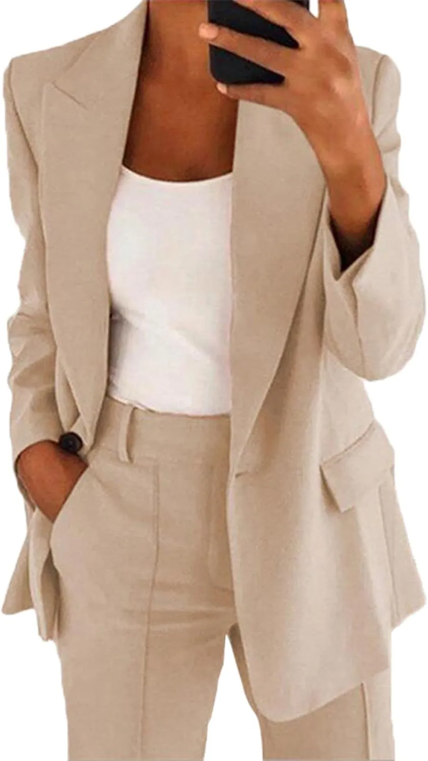 Women's 2 Piece Casual Blazers Open Front Long Sleeve Work Office Jackets and Pencil Pants Business Office Suit Set