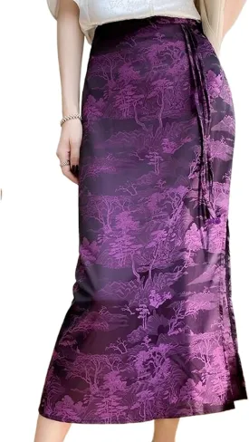 Women's Chinese Style Silk Satin Pencil Skirt,High Waist Vintage Split Midi Skirt for Summer