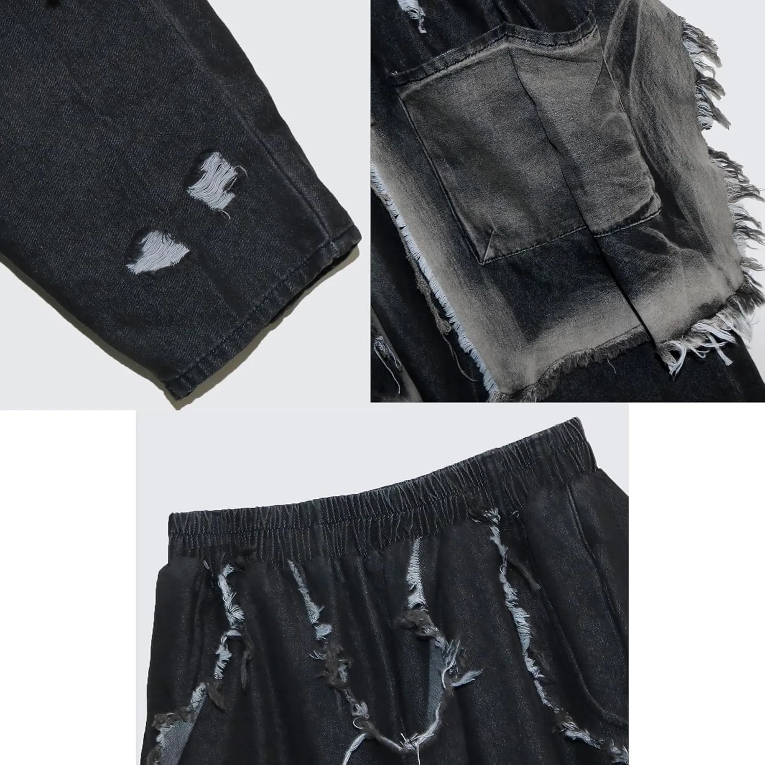 Women's Denim Harem Pants Patchwork Ripped Jeans Elastic Waist Loose Stretchy Trendy Barrel Jeans with Pockets