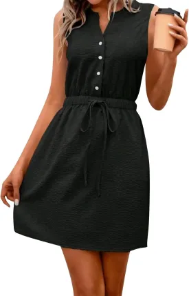 Womens Dresses Summer 2025 Trendy Sleeveless Dress Button V Neck Dress Drawstring Midi Dress Beach Sun Dresses
