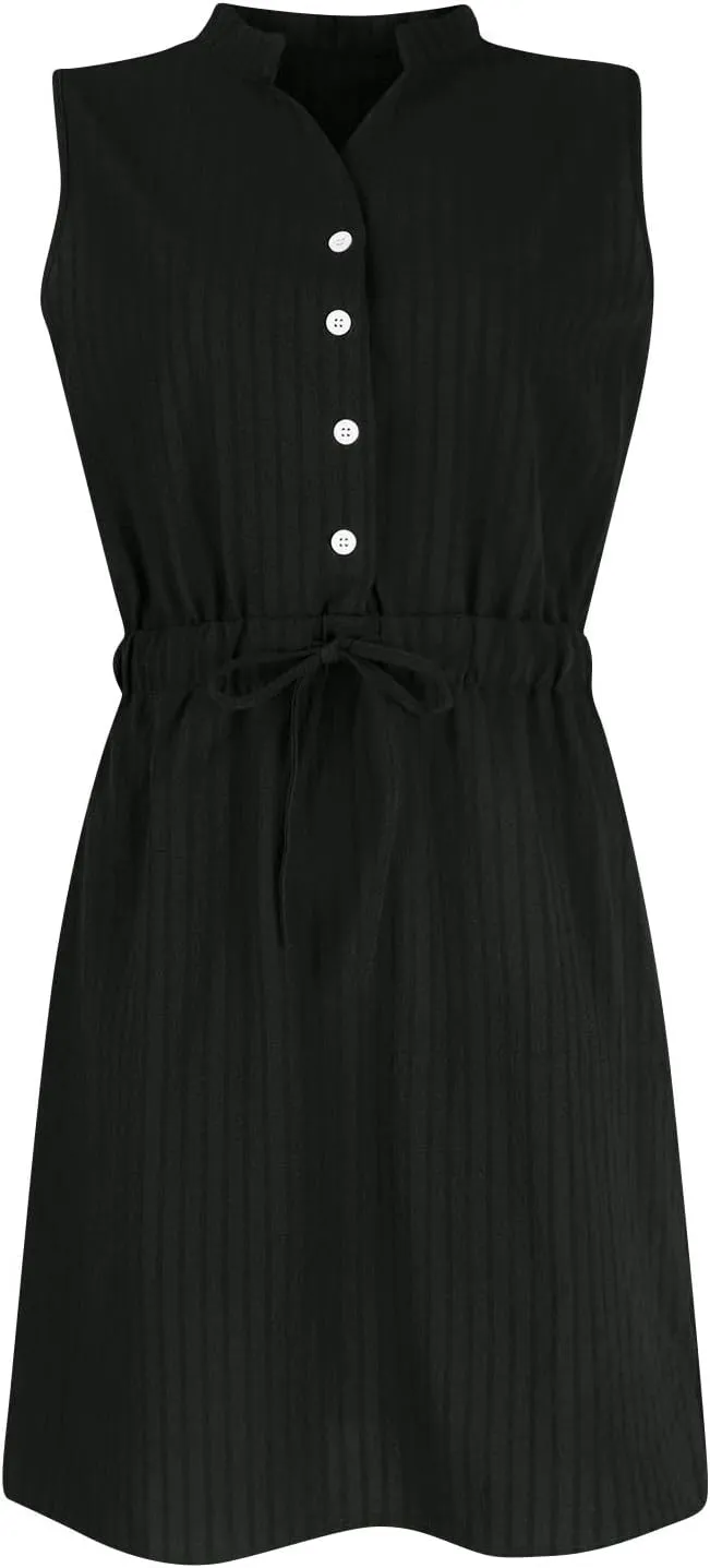 Womens Dresses Summer 2025 Trendy Sleeveless Dress Button V Neck Dress Drawstring Midi Dress Beach Sun Dresses