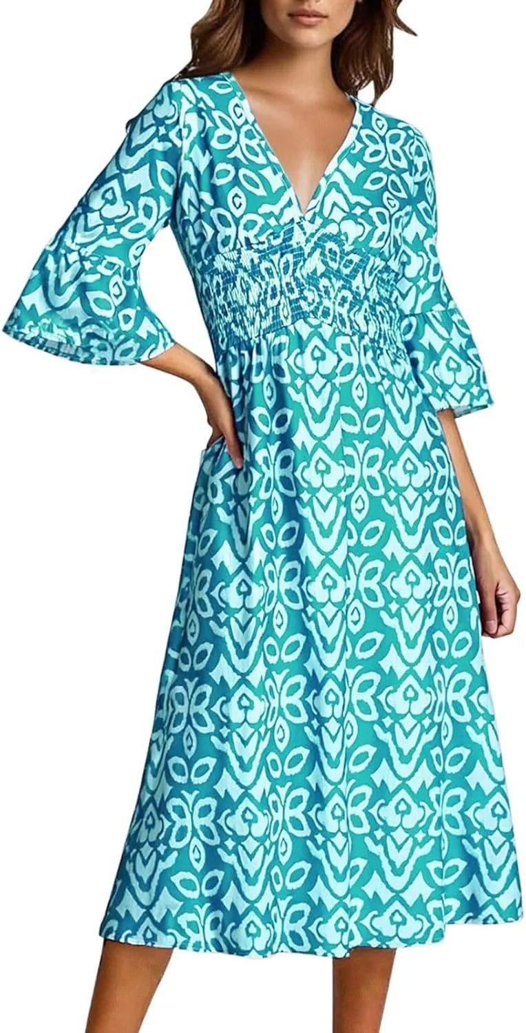 Women's Floral Midi Dress V Neck 3/4 Sleeve Casual A-Line Summer Dresses Boho Beach Flowy Sundress