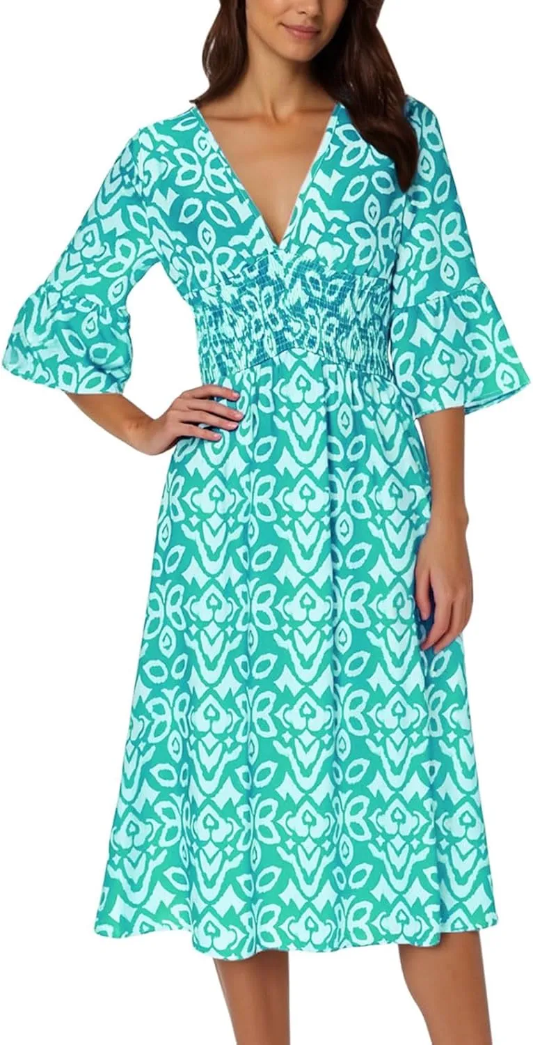 Women's Floral Midi Dress V Neck 3/4 Sleeve Casual A-Line Summer Dresses Boho Beach Flowy Sundress