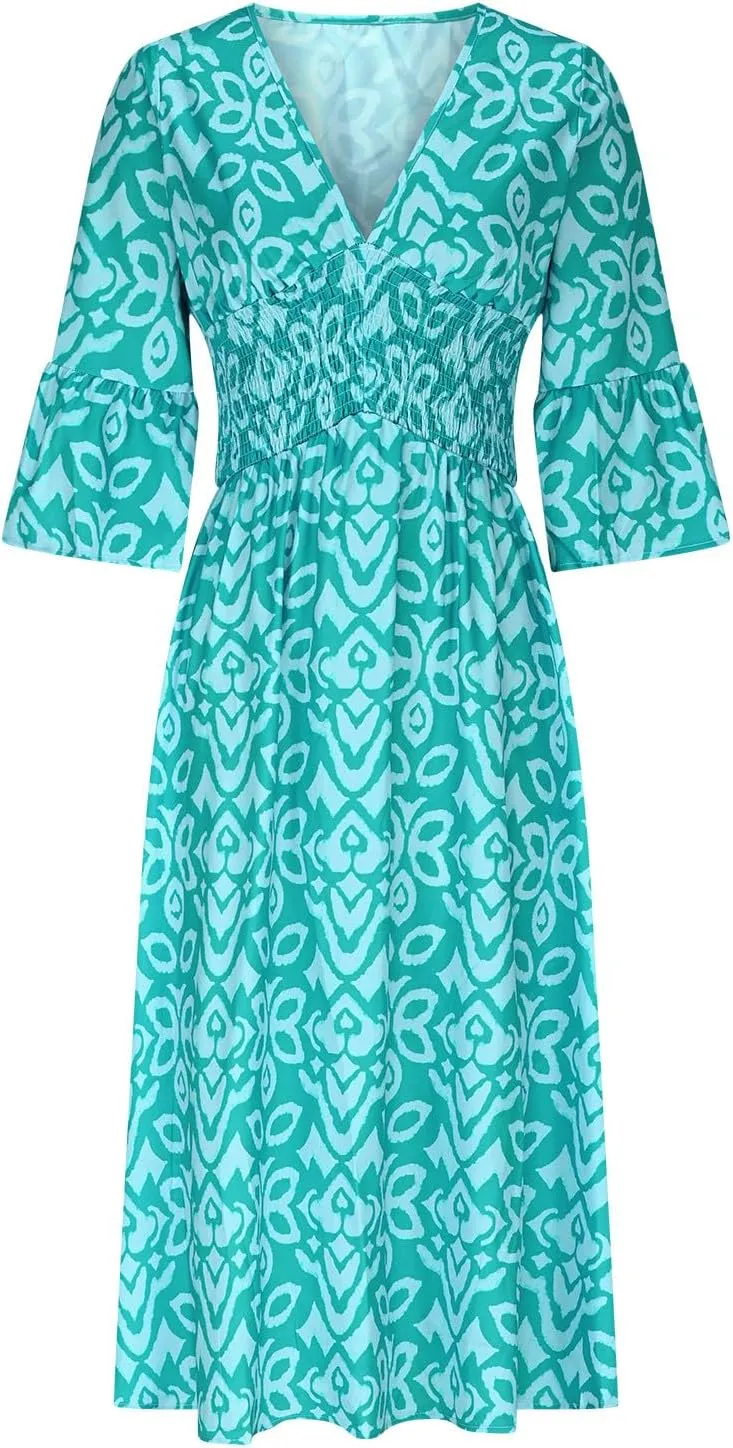 Women's Floral Midi Dress V Neck 3/4 Sleeve Casual A-Line Summer Dresses Boho Beach Flowy Sundress