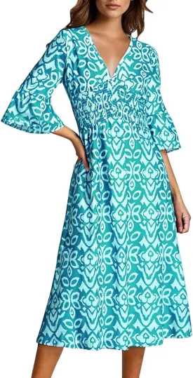 Women's Floral Midi Dress V Neck 3/4 Sleeve Casual A-Line Summer Dresses Boho Beach Flowy Sundress