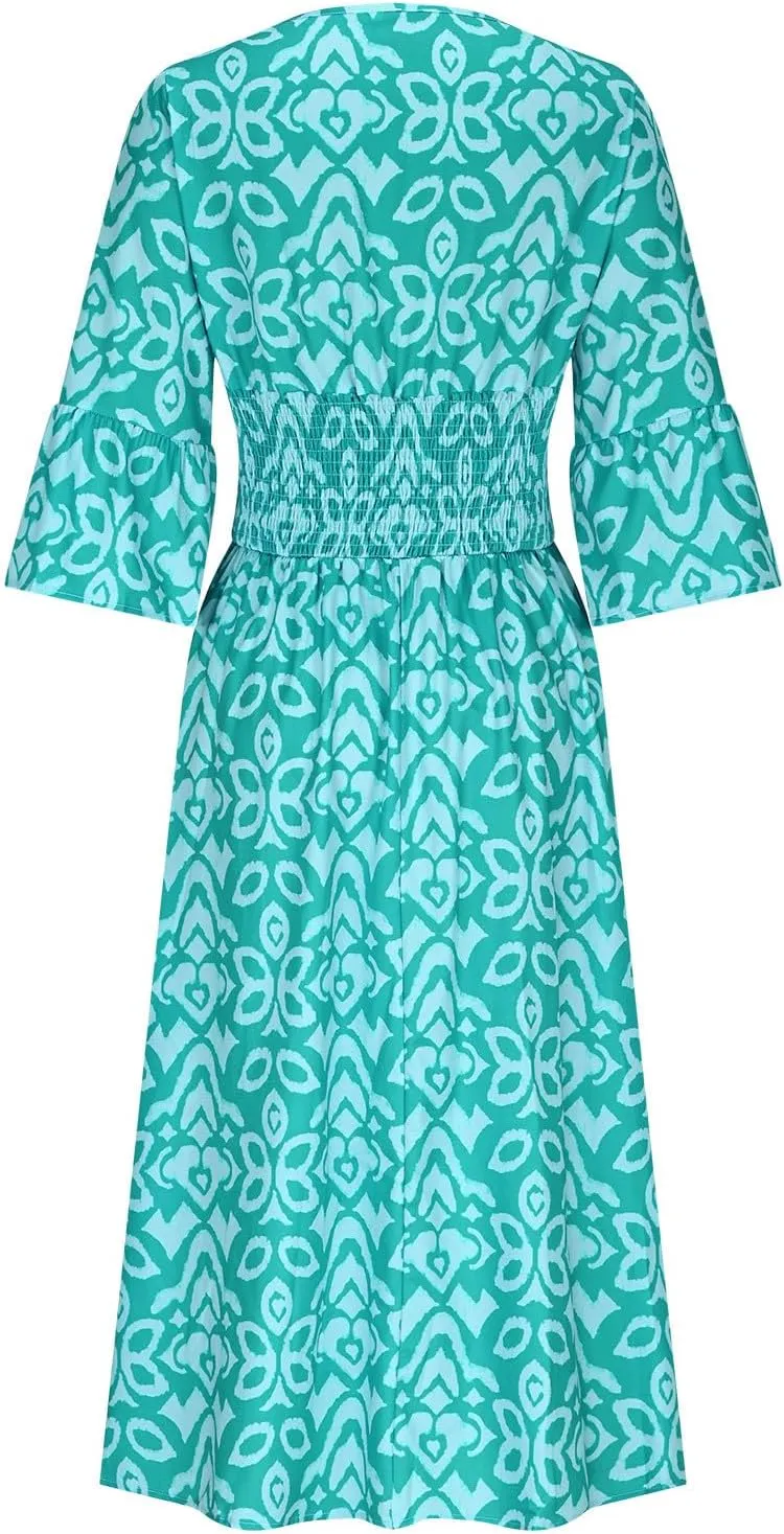 Women's Floral Midi Dress V Neck 3/4 Sleeve Casual A-Line Summer Dresses Boho Beach Flowy Sundress