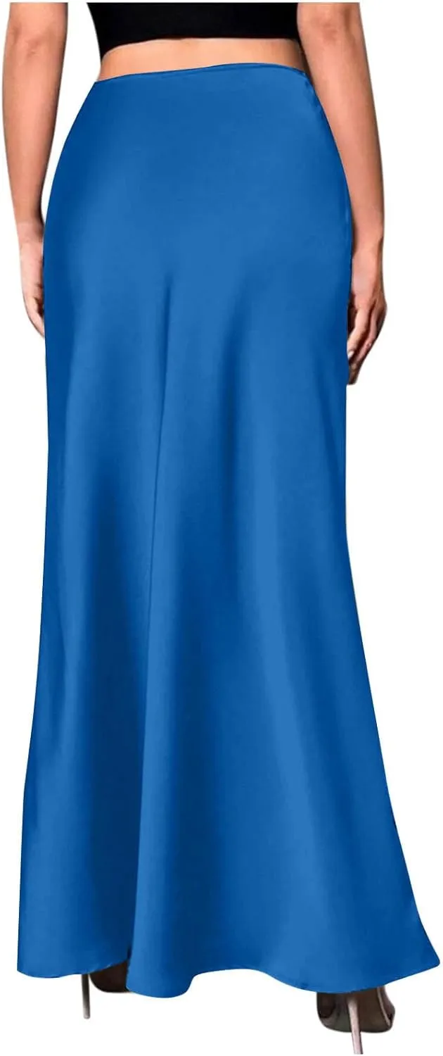 Womens Satin High Waist Elastic Maxi Skirt Silk Elegant Dressy Bodycon A-Line Long Skirts Cocktail Party Outfits