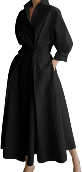Women's Stand-Up Collar Cotton Breathable Dress Summer Ankle Length Shift Dress Side Pockets Simple Maxi Dress