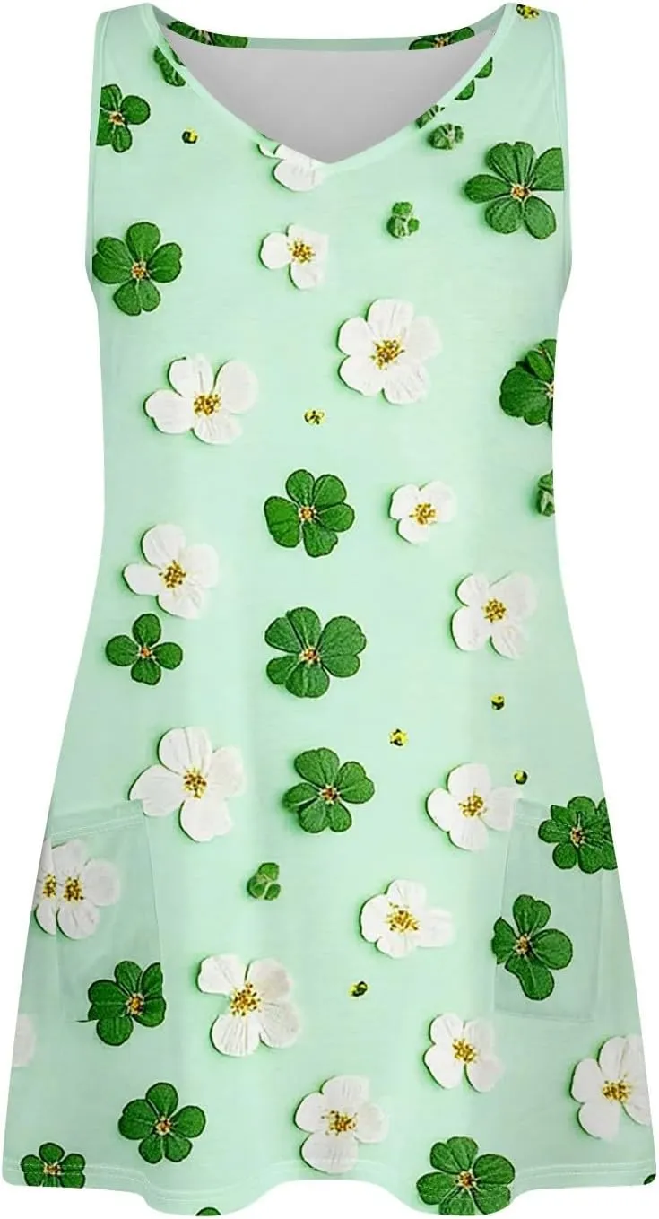 Women's Summer Dresses Beach Printed Swimsuit Coverup Vacation 2025 Sundress V Neck Sleeveless Dress with Pocket