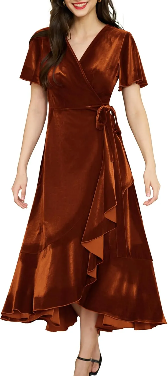 Women's Velvet Maxi Dress Boho V Neck Wrap Dress for Wedding Guest Fall Maternity Formal Dress with Pockets