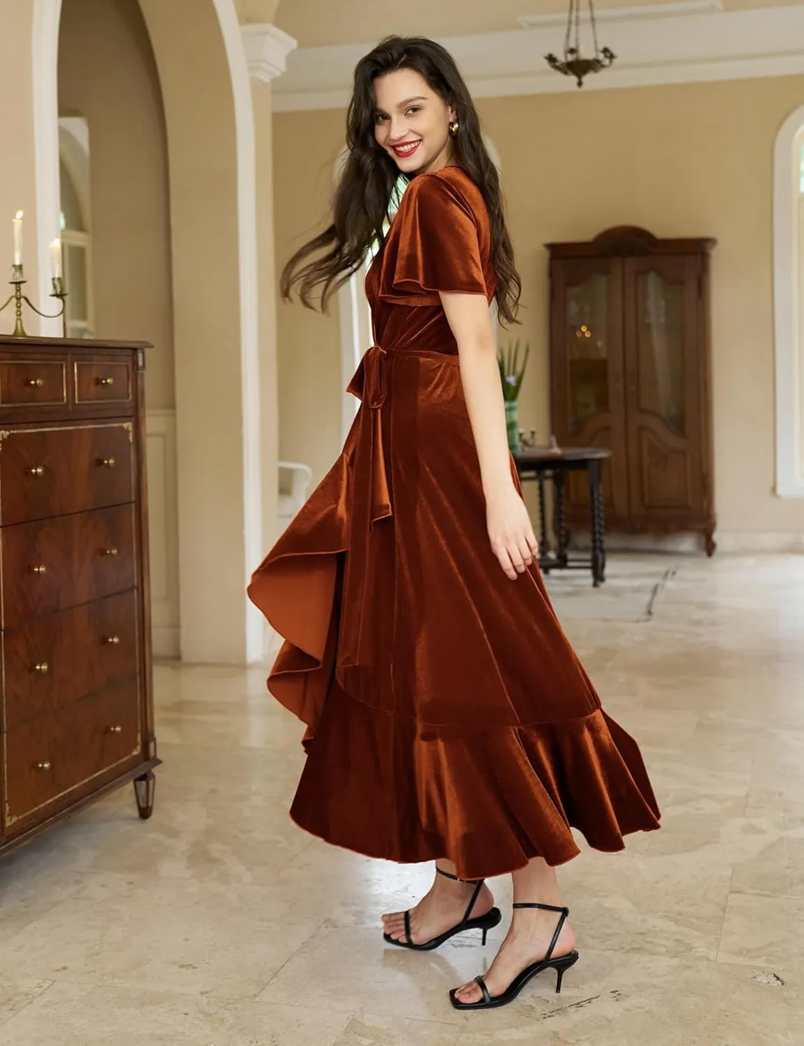 Women's Velvet Maxi Dress Boho V Neck Wrap Dress for Wedding Guest Fall Maternity Formal Dress with Pockets