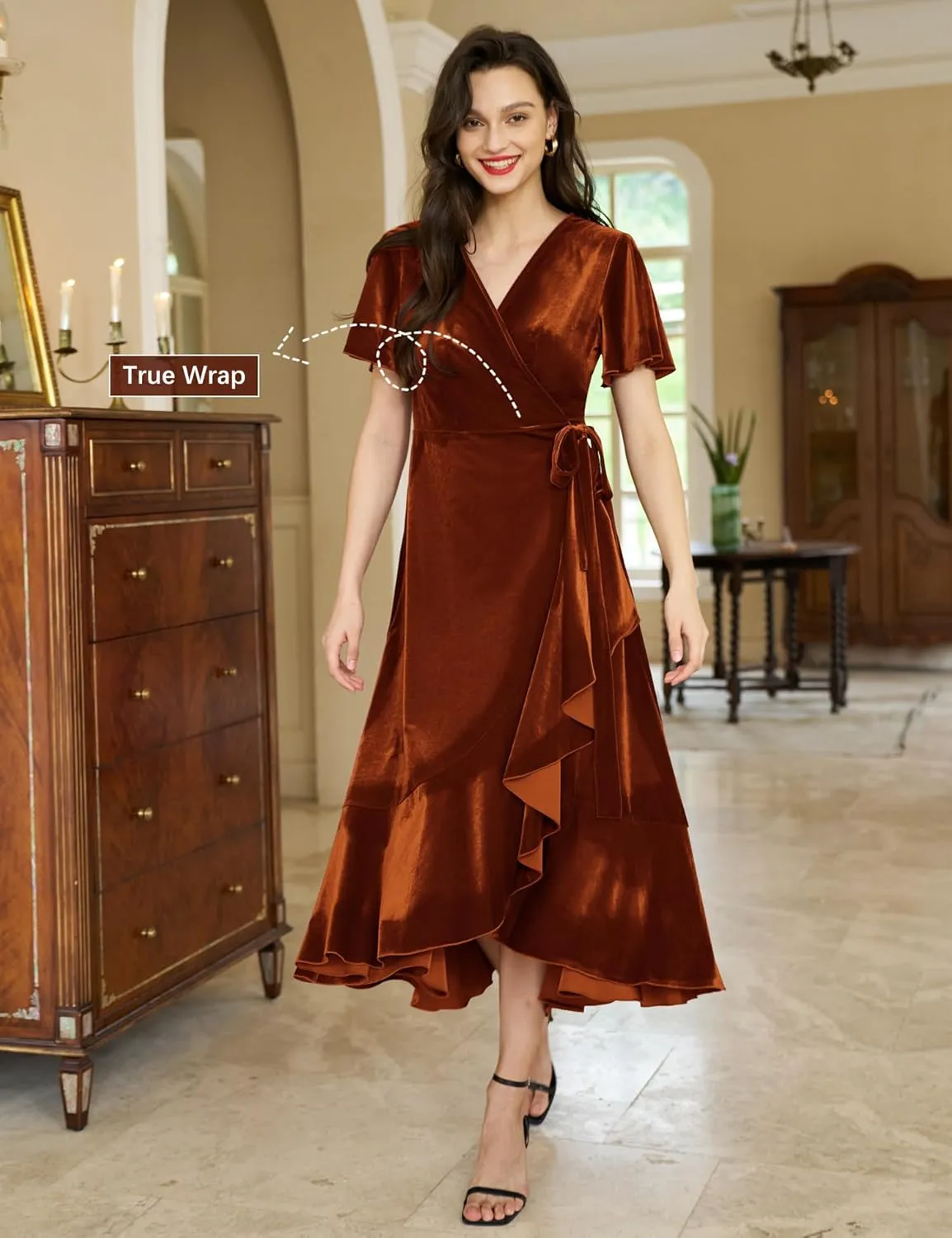Women's Velvet Maxi Dress Boho V Neck Wrap Dress for Wedding Guest Fall Maternity Formal Dress with Pockets
