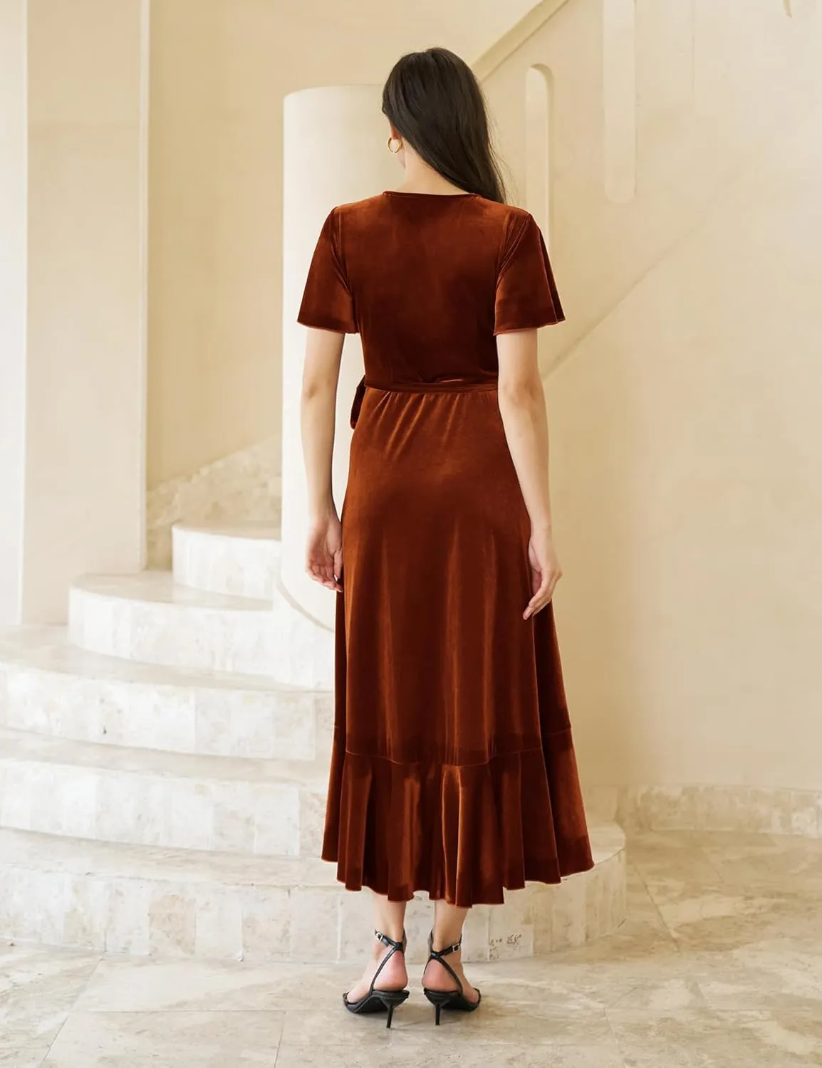 Women's Velvet Maxi Dress Boho V Neck Wrap Dress for Wedding Guest Fall Maternity Formal Dress with Pockets