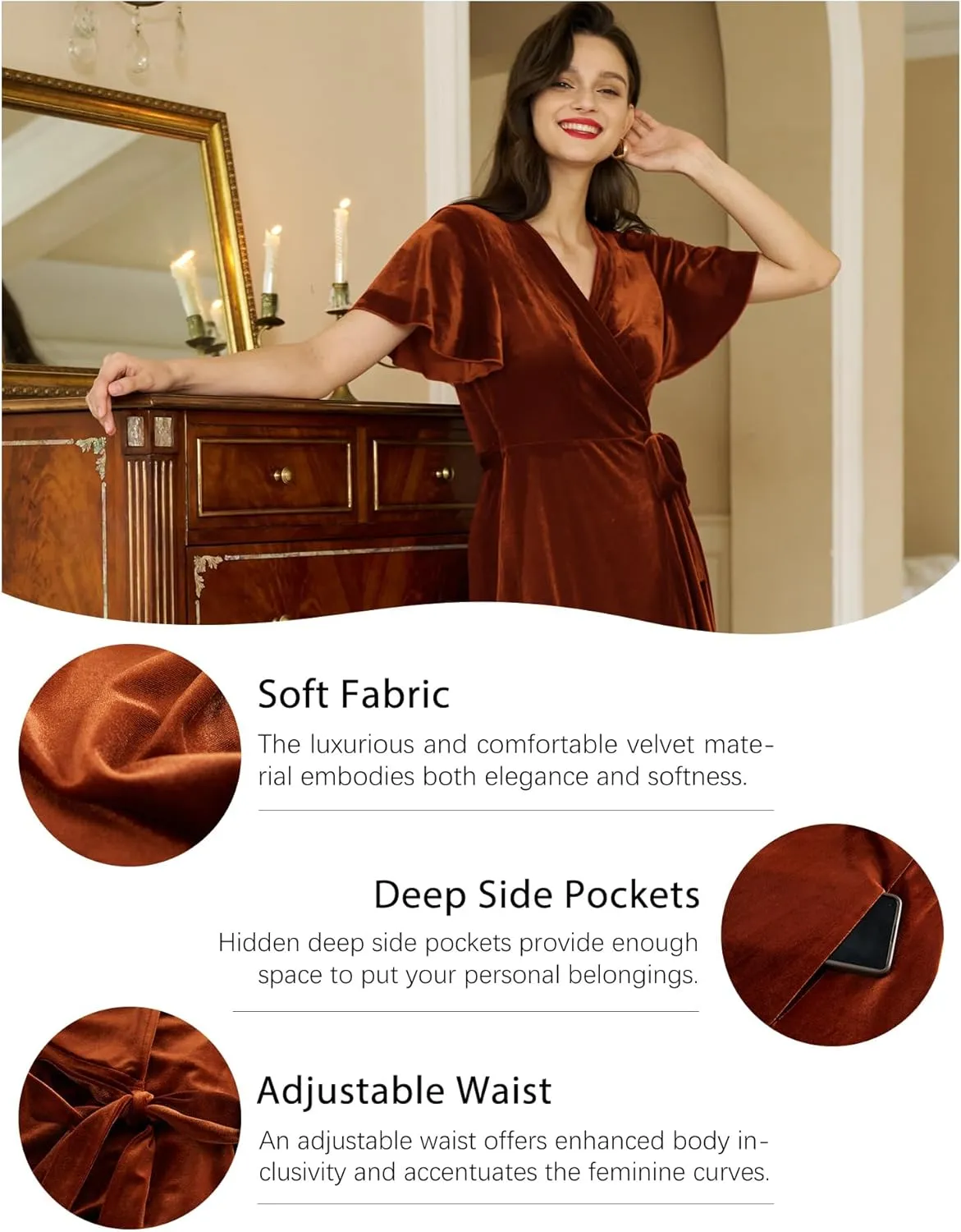 Women's Velvet Maxi Dress Boho V Neck Wrap Dress for Wedding Guest Fall Maternity Formal Dress with Pockets