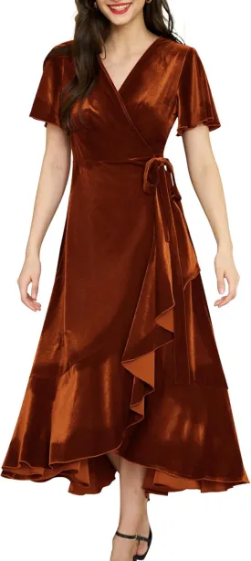 Women's Velvet Maxi Dress Boho V Neck Wrap Dress for Wedding Guest Fall Maternity Formal Dress with Pockets
