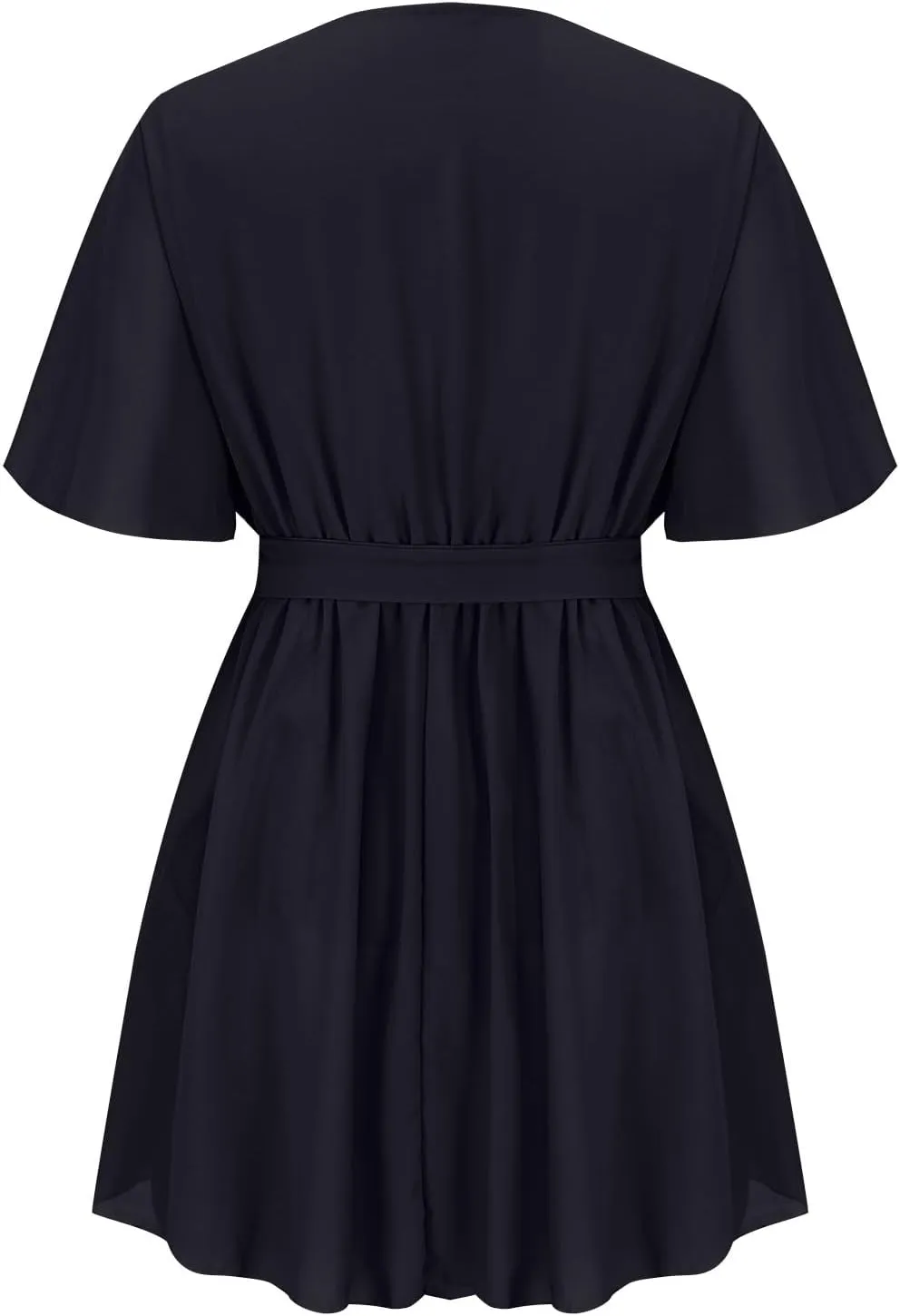 Womens Wrap V Neck Short Flared Sleeve Wedding Guest Dress Smocked Elastic Waist Solid Belted Ruffle Hem Mini Dresses