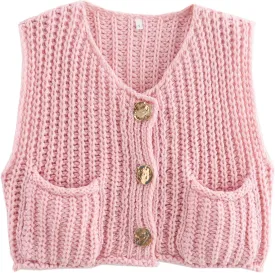 YKR Womens Chunky Knit Sweater Vest Sleeveless Button Down Cropped Cardigan Casual Knitted Crochet Vest with Pockets
